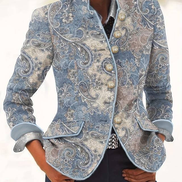 TEMU Vintage Autumn And Single-breasted Swirl Pattern Paisley Print Small Stand Collar Women's Long Sleeve Jacket Blazer