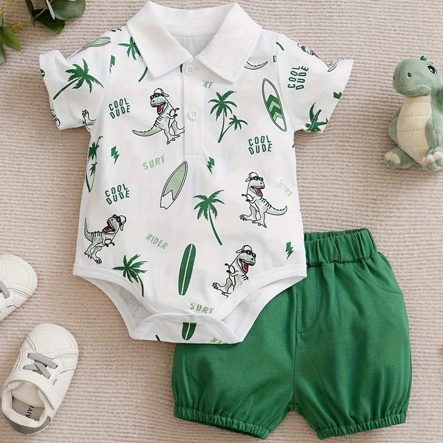 TEMU Cotton Green Dinosaur Print Summer Short Sleeve Children's Set, Perfect For Outdoor