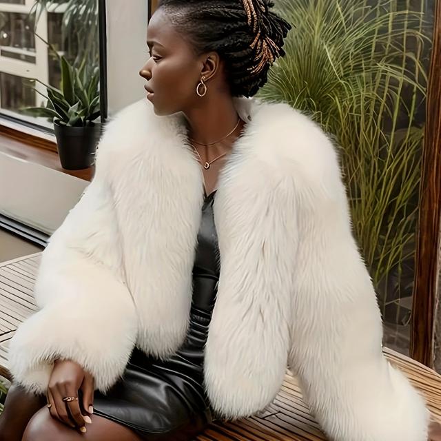 TEMU Women's Elegant Fur Coat, Long Sleeve Knit Polyester 100% Solid Color Fall/winter Outerwear, Non-waterproof With 100g/m² Lining