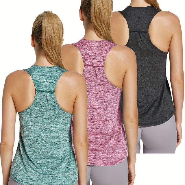TEMU 3pcs Women's Quick-dry Workout Tank Tops - Sleeveless Racerback Fitness Shirts, Solid Color Athletic Training Tops For Gym, Yoga, Swimming & Wear, Non- & Machine Washable (bulk Pack)