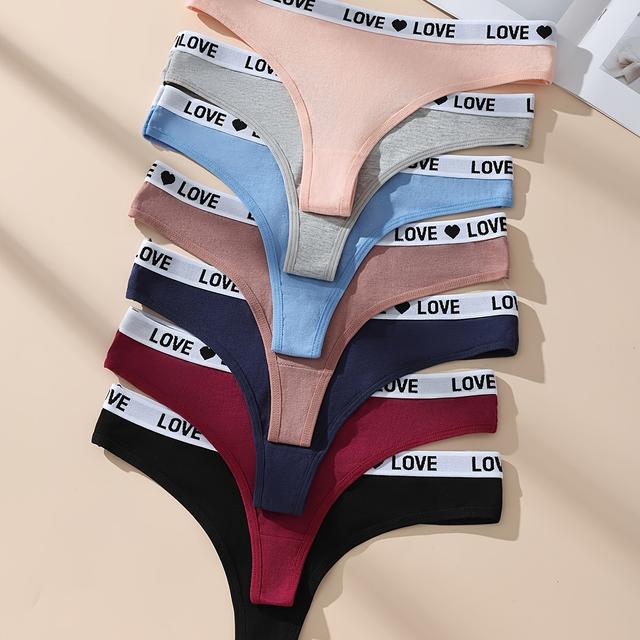 TEMU 7pcs Women's Low-rise Thong Panties - Soft Breathable Underwear With "love" Lettering, Comfortable & Stylish, Solid Color, Perfect For Casual Attire