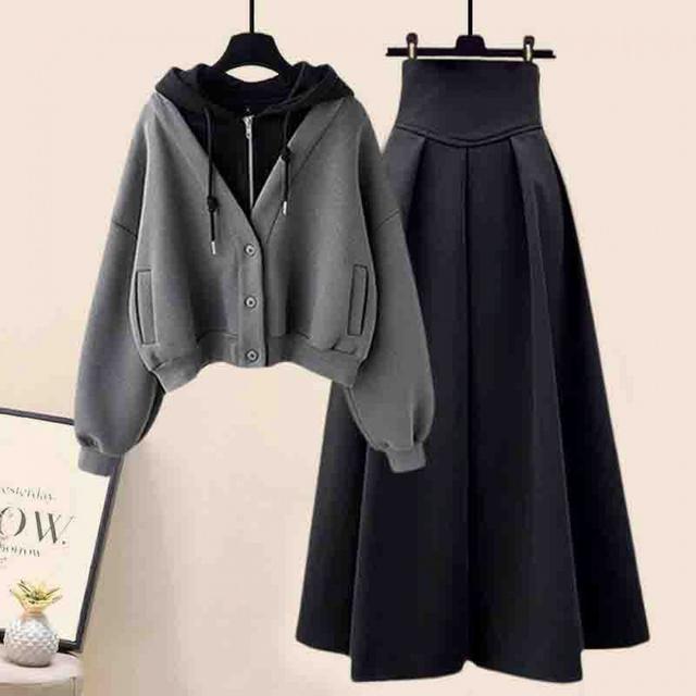 TEMU 【2025年秋冬ファッション】レディースアパレル:フェイクツーピース フード付きスウェットシャツ、スリムで着回し力抜群のスカートセット