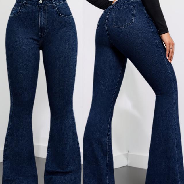 TEMU Granatowe Modne Rozkloszowane Spodnie z Elastycznego Materiału na Cztery Pory Roku