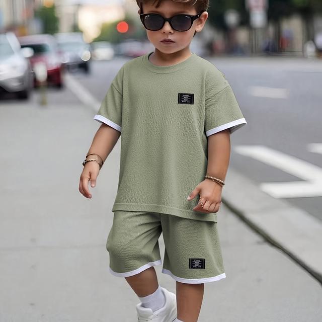 TEMU Summer Boys' Fashion Waffle Shorts Set - Classic Wear 1979 Kids Cute Short Sleeve T-shirt & Shorts Casual Outfit Th004, Perfect For Outdoor