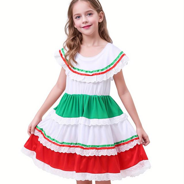 TEMU Girls' Mexican Traditional Dress - Long Flowing Maxi With Hem & Round Neck, Folk For Dance Performances, Weddings, Cultural Events - Hand Washable Solid Color Dress (no Stretch)