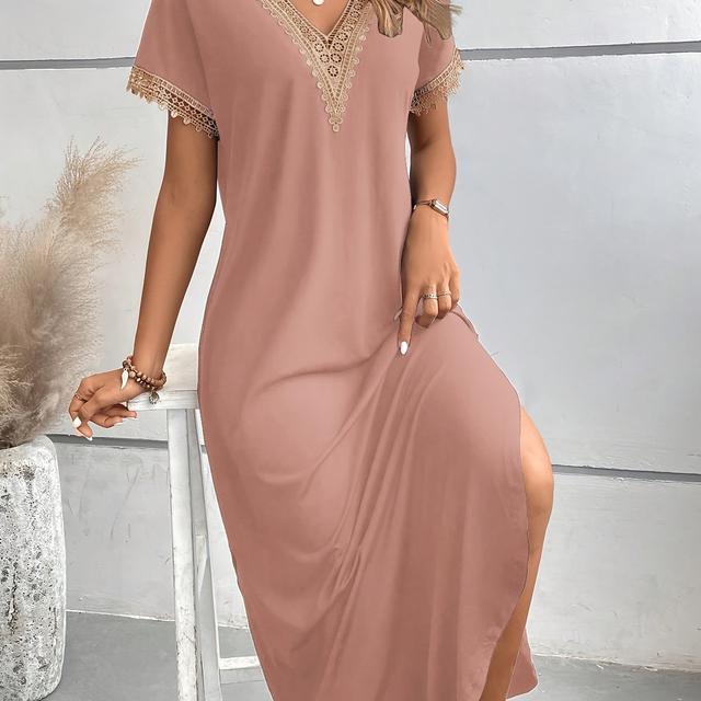 TEMU Women's Fashion Elegant Vacation Long Lace V Neck Tassel Design Short Sleeve Dresses