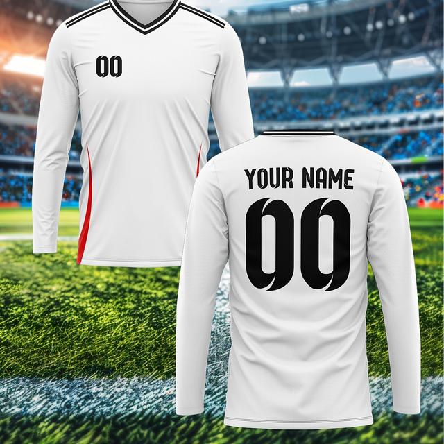 TEMU Customizable 2024 Men's V-neck Long-sleeve Soccer Jersey - Personalize & Number, Comfortable Polyester, Ideal For Training & Casual Wear, White With Red Stripes