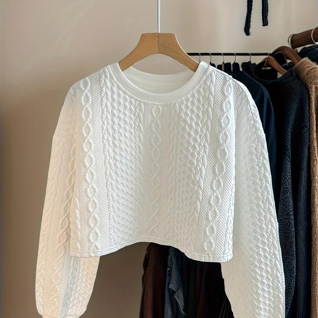 TEMU A Casual Knitted Sweater For Girls Featuring A Padded Texture - A Soft And Stretchy Round-neck For Any Season, Wear, Cozy Clothing