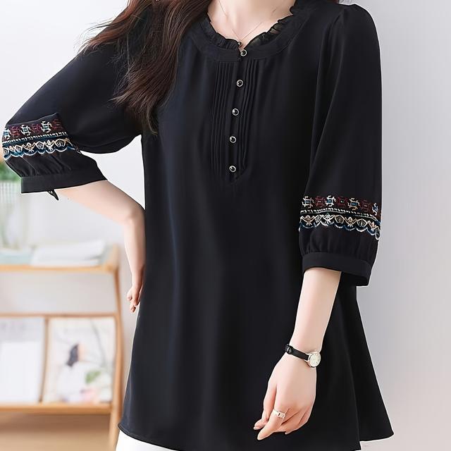 TEMU プラスサイズ レディース エスニック刺繍ブラウス - 夏用 軽量 3/4袖 カジュツ ベルソースリーブ&フリルドテール 洗濯機対応 ルーズフィット トップ 通気性抜群 毛布素材 日常着 カーフィット