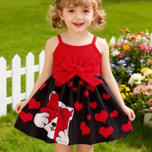 TEMU Girls' Cute Cat Sleeveless Dress With Belt | Square Neck, Pleated Skirt, Spring/summer, Regular Fit, Knitted Fabric, Hao6