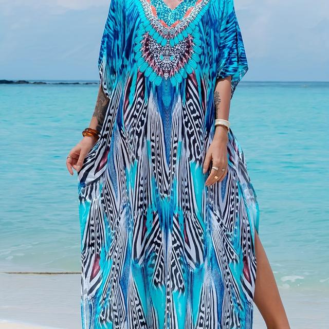 TEMU Ramadan Graphic Print V-neck Kaftan Dress, Elegant Batwing Sleeve Split Maxi Length Dress, Women's Clothing