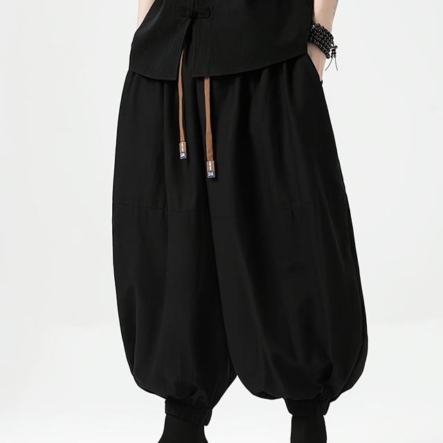 TEMU Japanese And Korean Men's Pants Loose Plus Size, Elastic Waist , Hanging Style, Haren Pants For Men's Casual 9-inch Pants