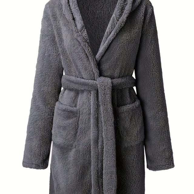 TEMU Miękki Polarowy Szlafrok z Kapturem w Jednolitym Kolorze z Kieszeniami do Domu