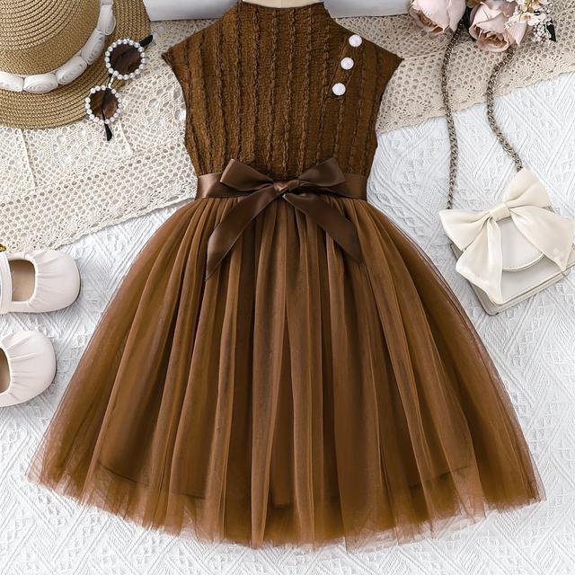 TEMU A Elegant Sleeveless Dress With A Half-high Collar, Textured Double-layered Hem, Mesh, And A Bow Belt, Suitable For Outdoor Casual Wear And Party Outfits.