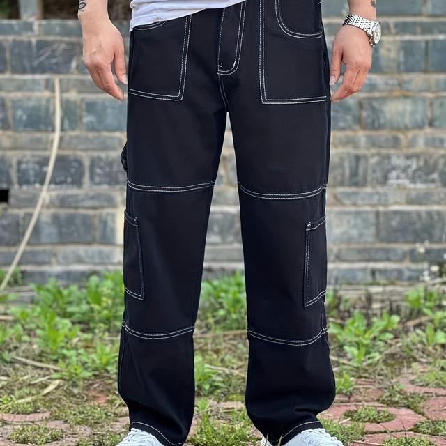 TEMU Fashionable Men's Denim Trousers, Washed Jeans, Versatile Casual Workwear Denim