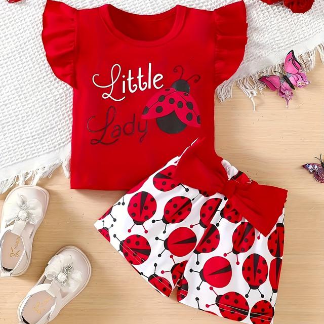 TEMU A Cute Graphic T-shirt With Sleeves For Baby Girls, With Shorts Featuring A Bow And Ladybug Design, Perfect For Casual Summer Outdoor Wear, For Outdoor