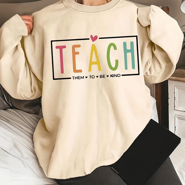 TEMU Fashionable Long-sleeve Round-neck Sweatshirt For Women With Letter Print