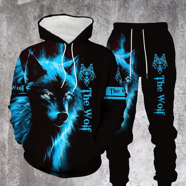 TEMU Lässiges Herren-Sweatshirt-Set mit blauem Wolfsmuster, stylisch und bequem für Frühling und Herbst