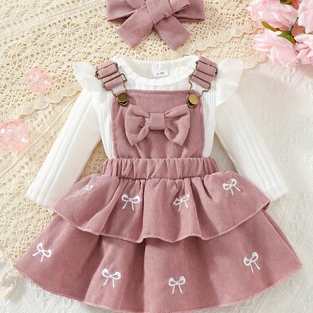 TEMU 3-teiliges Baby Mädchen Langarm Flatterärmel Strampler Body + Schleife Trägerrock + Stirnband Set Säugling Herbst Kleidung, für Draußen