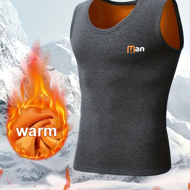 TEMU 1pc Men's Thermal Fleece-lined Tank Top, "man" Print, Autumn/winter Warm Vest, Windproof, Polyester 95% Spandex 5%, Knit Fabric, Medium Stretch, Athletic Base Layer, Thick