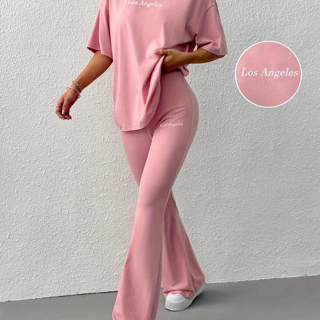 TEMU Stylish Pink Short-sleeve Round-neck T-shirt And Flared Pants Two-piece Set