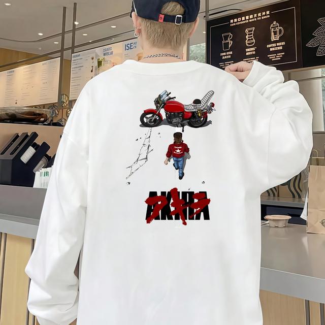 TEMU 【メンズ】ヘビーウェイト 100% オーバーサイズ Y2K アニメ&バイク グラフィック Tシャツ - バックプリント付き日本のストリートウェア、ルーズフィット 長袖、洗濯機洗い可、春/秋のレイヤリングに最適、白地に赤/黒のデザイン、日本製 (Suzdade Hemble) - カジュアル Ro