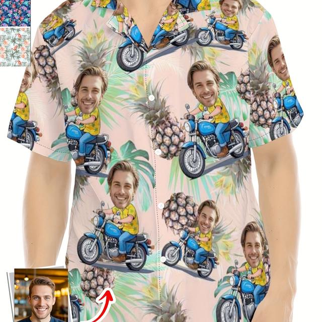 TEMU Custom Personalized Men’s Hawaiian Shirt With Face Photo - & Motorcycle Design, Short Sleeve, Button-up, Casual Summer Shirt - Birthday, Bachelor Party & Holiday Gifts