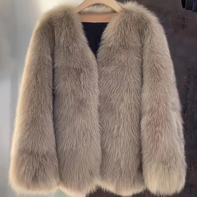 TEMU Elegant Fur Coat For Women, 100% Polyester Knit Fabric, Solid Color, Regular Sleeve, Short Length, No Belt, Fall/, Adult