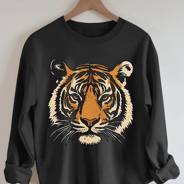 TEMU Women's Black Graphic Sweatshirt - Crew Neck Casual Pullover With Orange & Print, Cozy Winter , Medium Stretch Fabric, Machine Washable Sweater For Fall And Winter Outfits