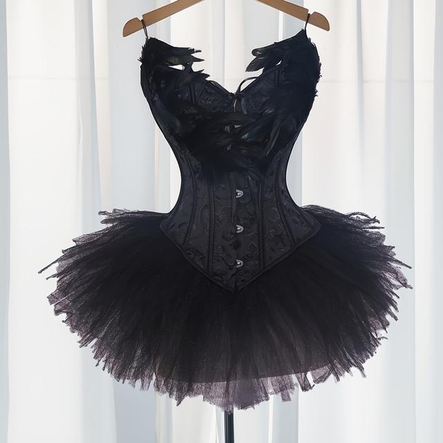 TEMU Dark Gothic Off-the-shoulder Lace-up Bodycon Dress And Tutu Short Skirt Black Cosplay Costume For Halloween Stage Performance