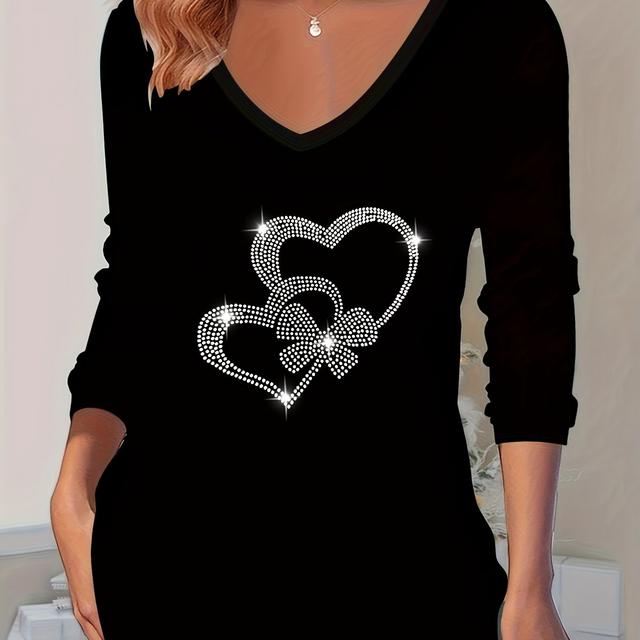 TEMU Chic Directional Women' Heart Rhinestone V-neck Long Sleeve T-shirt