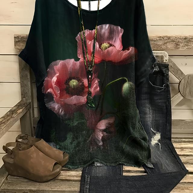 TEMU Plus Size Floral Print T-shirt, Casual Crew Neck Short Sleeve T-shirt, Women's Plus Size clothing