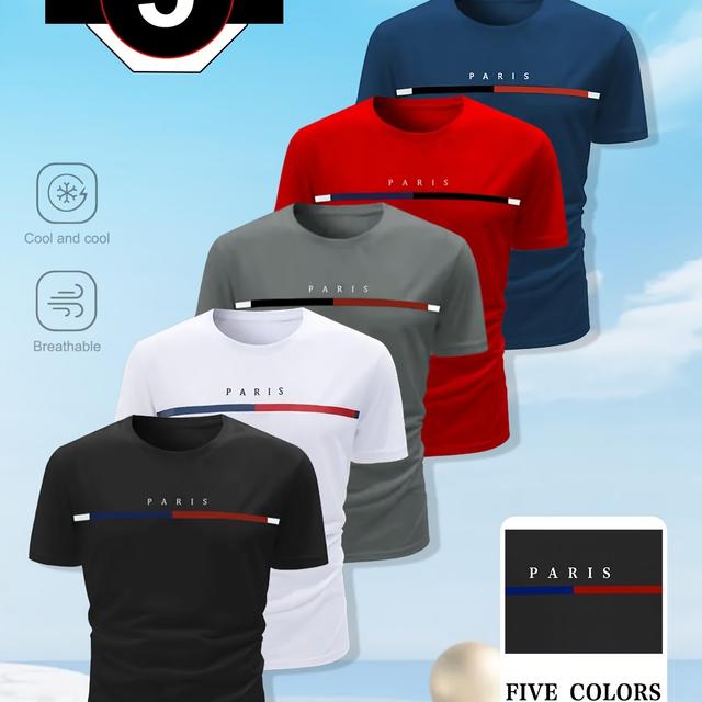 TEMU 5pcs Pack Men's Quick-dry Breathable Athletic Short Sleeve Shirts - Moisture-wicking Stretch Round Neck Gym Suitable For Gym, Training, Outdoor Activities - Casual Wear, Machine Washable (no)