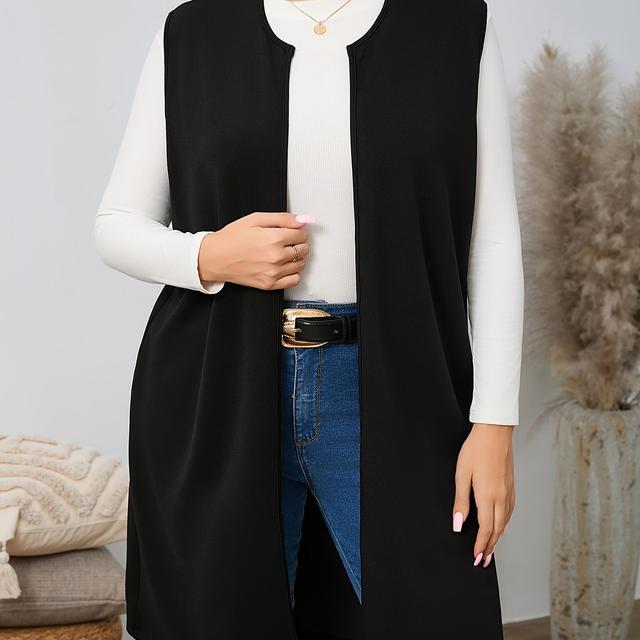 TEMU 플러스 사이즈 솔리드 오픈 프런트 조끼 재킷, 우아한 민소매 재킷 봄 & 여름, 여성 플러스 사이즈 의류