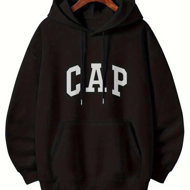 TEMU CAPント メンズフーディー - ブラック オーバーサイズフィット フーデッドスウェットシャツ ホワイトCAPレタリング付き, ス ストリートウェア&カジュアルウェア オール対応, ブランド認知のためのロゴデザイン (手洗い可), 男性への完璧なギフト