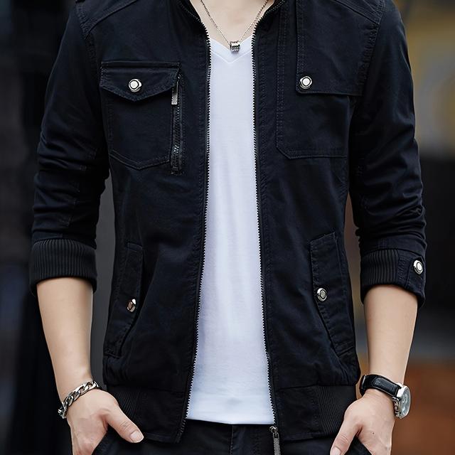 TEMU Frühlings-Koreanischer Slim-Fit Workwear Denim Jacket für Herren, Frühlings-Oberbekleidung, Herren-Workwear-Jacke