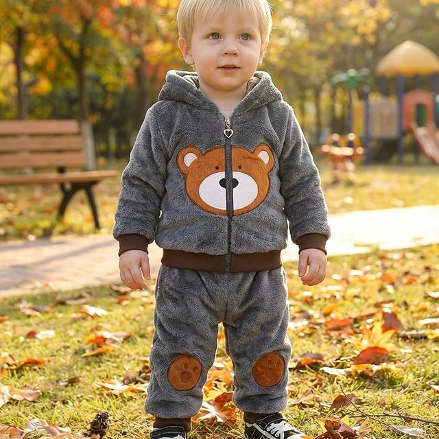 TEMU Baby Boys' Winter Thickened Cute Casual Bear Plush Hooded Jacket With Zipper And Footprint Pants 2pcs Set, For Outdoor