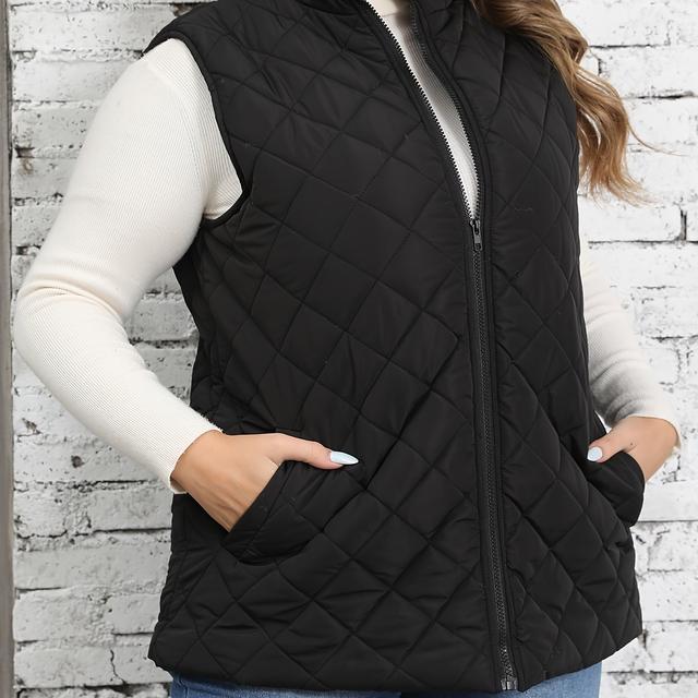 TEMU Plus Size Quilted Zip Up Vest Coat, Casual Sleeveless Slant Pockets Gilet Jacket For Fall & Winter, Women's Plus Size Clothing