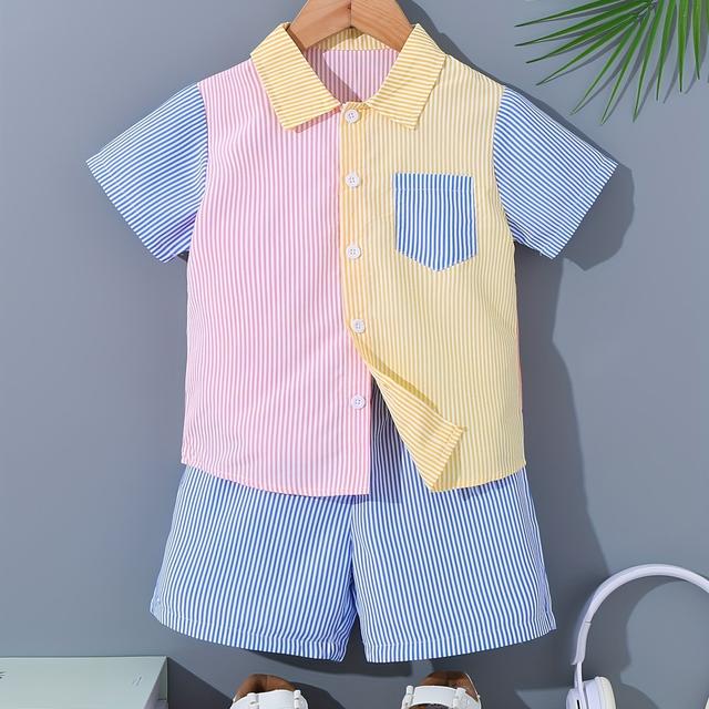 TEMU New Summer Two-piece Set For Featuring A Striped Button-up Shirt With A Collar And Short Sleeves, Along With Matching Shorts, For Outdoor