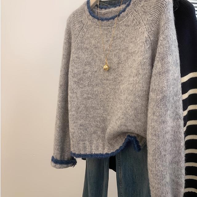 TEMU 여성용 2025 신상 헤비웨이트 컬러블록 스웨터 - 부드러운 라쿤풍 오버사이즈 라운드넥 풀오버, 줄무늬 칼라 & 파란색 테두리가 돋보이는 포근한 올시즌 캐주얼 니트 (그레이, 미디엄 스트레치, 손세탁/드라이클리닝)