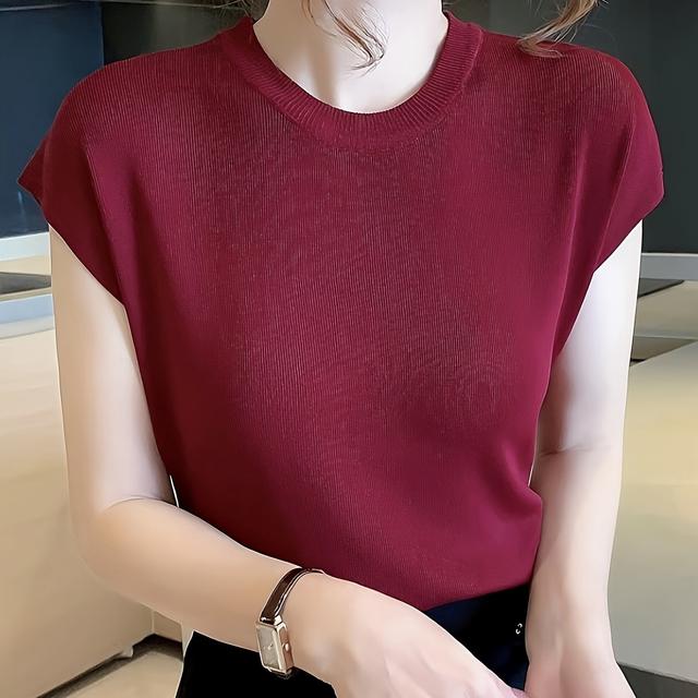 TEMU Sommer-Viskose-Stricktop für Damen, lässiges einfarbiges Rundhals-T-Shirt mit kurzen Ärmeln, lockerer Passform, atmungsaktives -Shirt für alle Jahreszeiten
