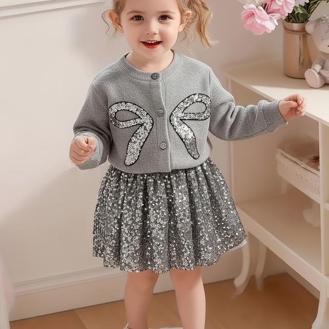 TEMU Girls' Autumn/winter Heavy-embellished Beaded Cardigan And Skirt Set With Bow, Velvet Beaded Bud Puff Skirt, Cute 2pcs Outfit