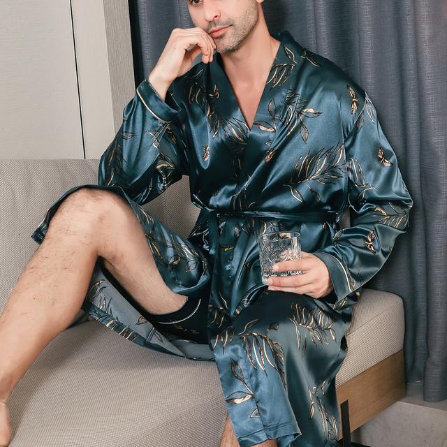 TEMU Men's Long-sleeve Lightweight Robe For Spring And Autumn, Featuring A Large Floral Print, Suitable For Summer Wear As Loungewear