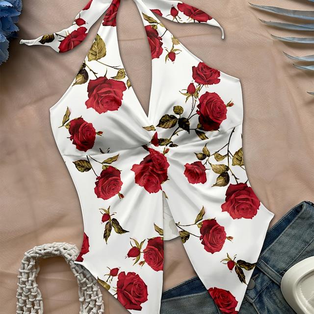 TEMU Mujeres Primavera/Verano Otoño Nuevo Tendencia Vacaciones en la Playa Conjuntos Retro Azul Estampado Floral Bustier Ajustado Camisola Top Halter, Y2K Vintage Conjunto para Conciertos
