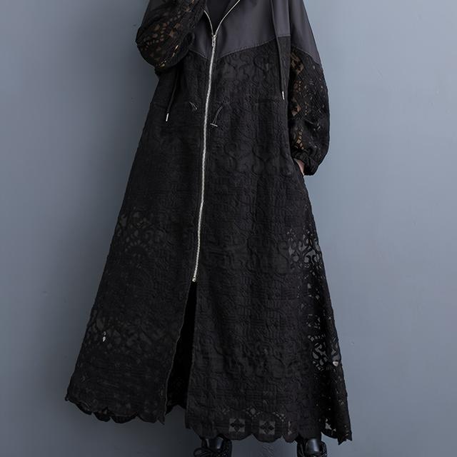 TEMU 스타일리시 블랙 레이스 후드 긴팔 - 루즈핏 A라인 디자인, 세탁기 사용 가능, 캐주얼 여성용 아우터웨어