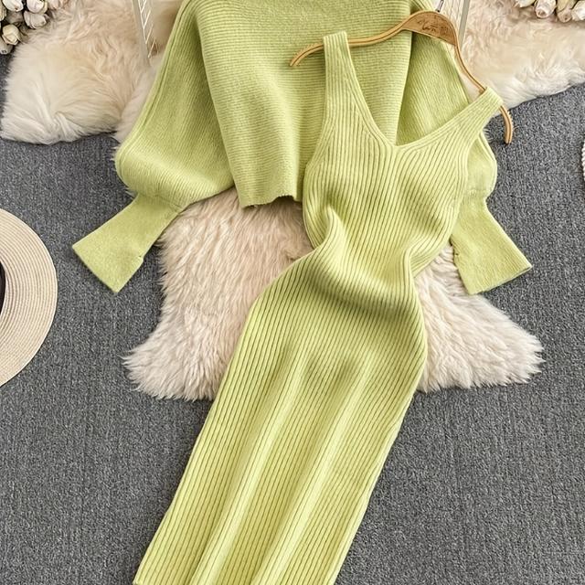 TEMU Winter Nieuwe Cross-Bust V-Hals Lange Mouw Jurk met Sexy Bandjes, Elegante Tweedelige Dames Outfit