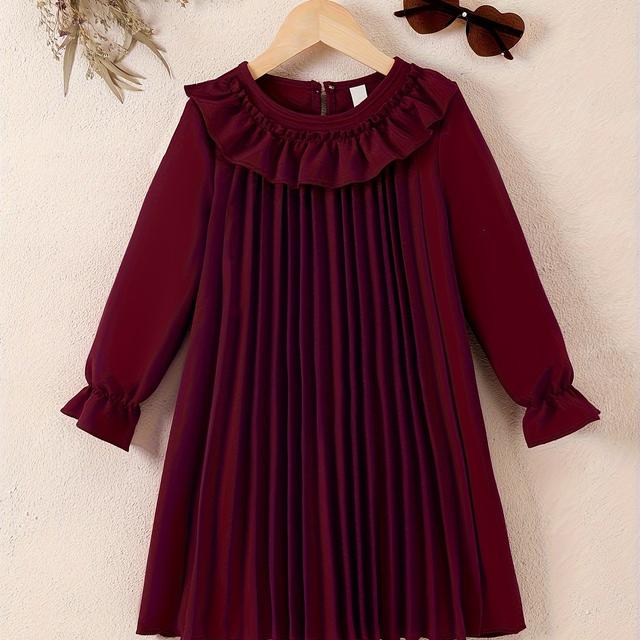 TEMU Girls' Long-sleeve Dress For Spring And Autumn, Casual And Easy With A Round Neck, Edges, A Stylish And Dress With