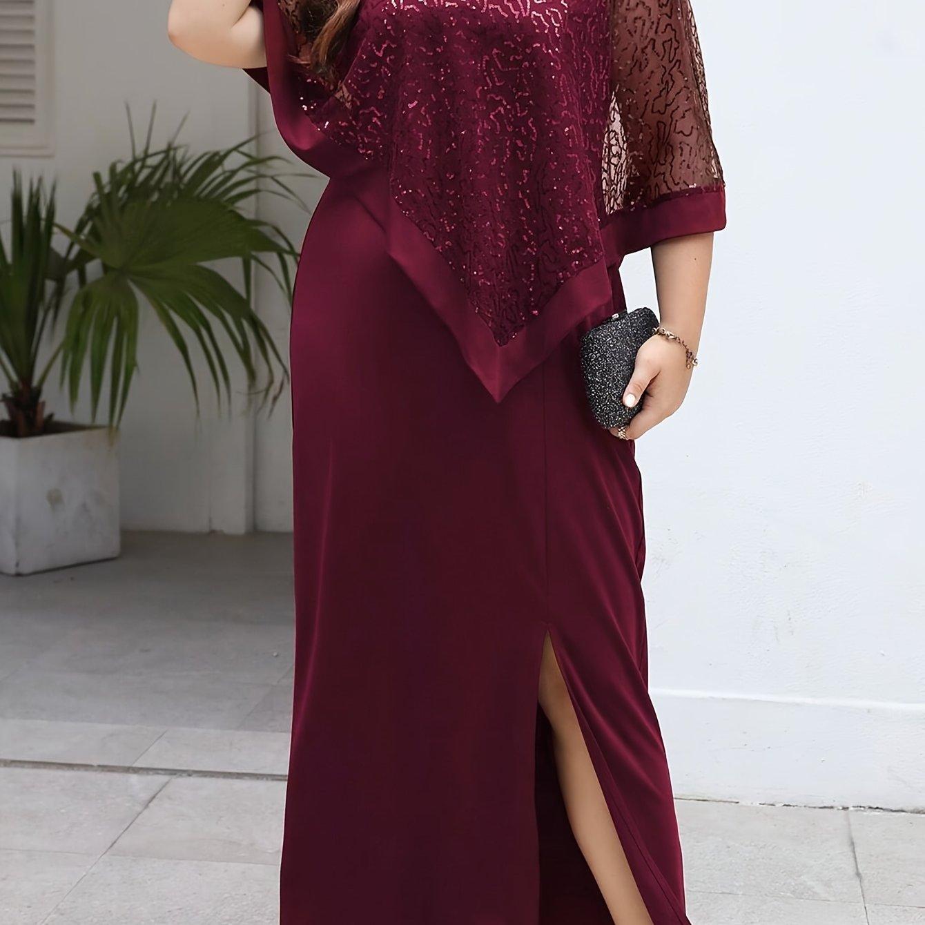 TEMU Plus Size, Women's Plus Size Spring/summer Round Neck Dress, Elegant Slim-fit Comfortable Batwing Sleeve Sequin Party Business Slit Maxi Dress