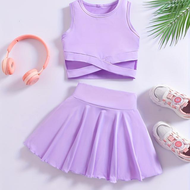 TEMU Skirt Set - Solid Color Criss-cross Strap Design Short Vest With High-waisted Elastic Sports Skirt, Perfect For Summer Daily Outdoor Sports Wear