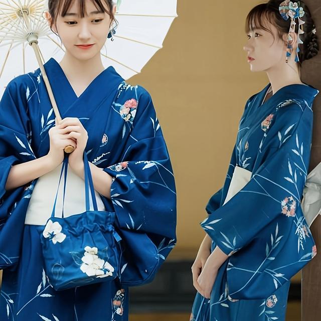 TEMU 和風レトロスタイル 着物ユカタ - 手描きの花柄&紅葉プリント、柔らかく通気性のある生地、リボン付き、女性向け夏祭り、テーマパーティー、ネート、花柄着物デザイン、精巧な柄の着物